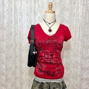 Y2K Guess Jeans Red V Neck Shirt Graphic Logo Size Medium Grunge 2000s